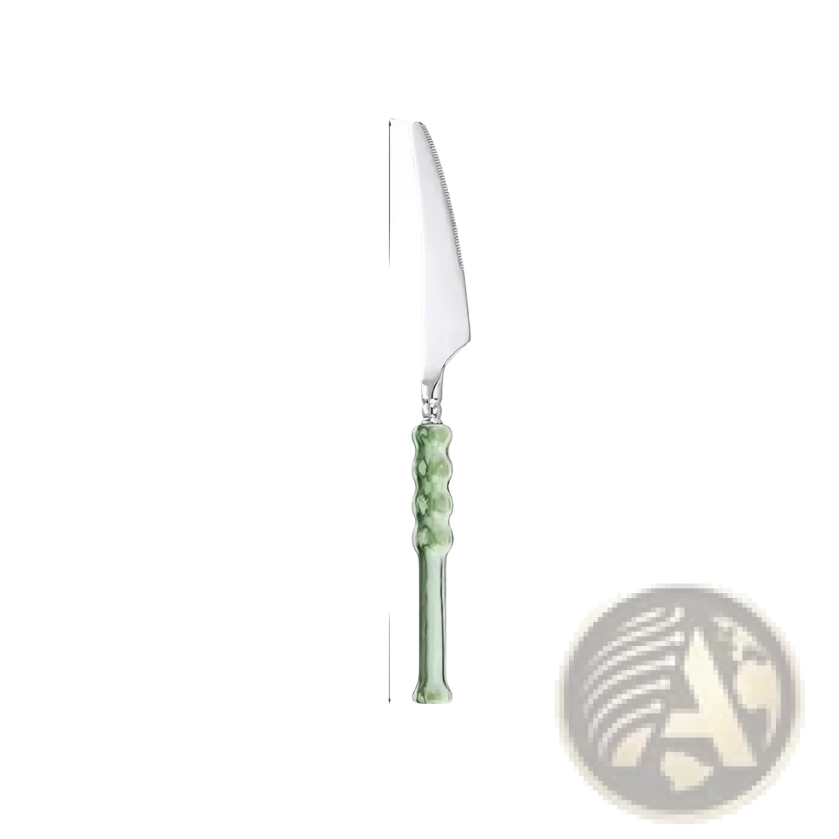 A sleek 22cm serrated stainless steel knife with a polished blade and light green jade-like glass handle