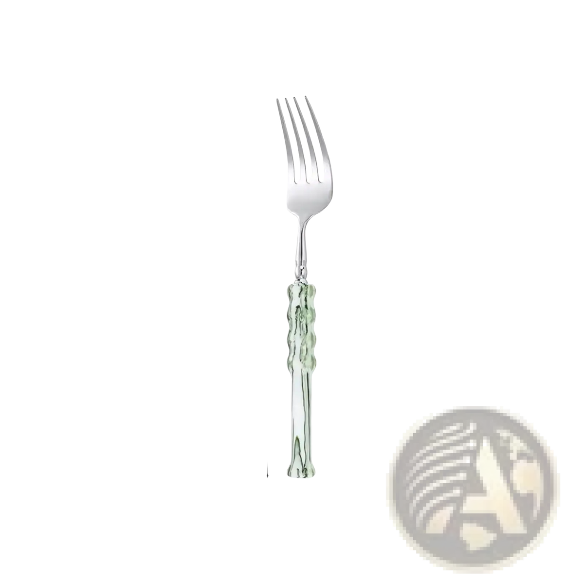 A sleek silver stainless steel fork with a translucent green textured glass handle from the green glass handle cutlery set