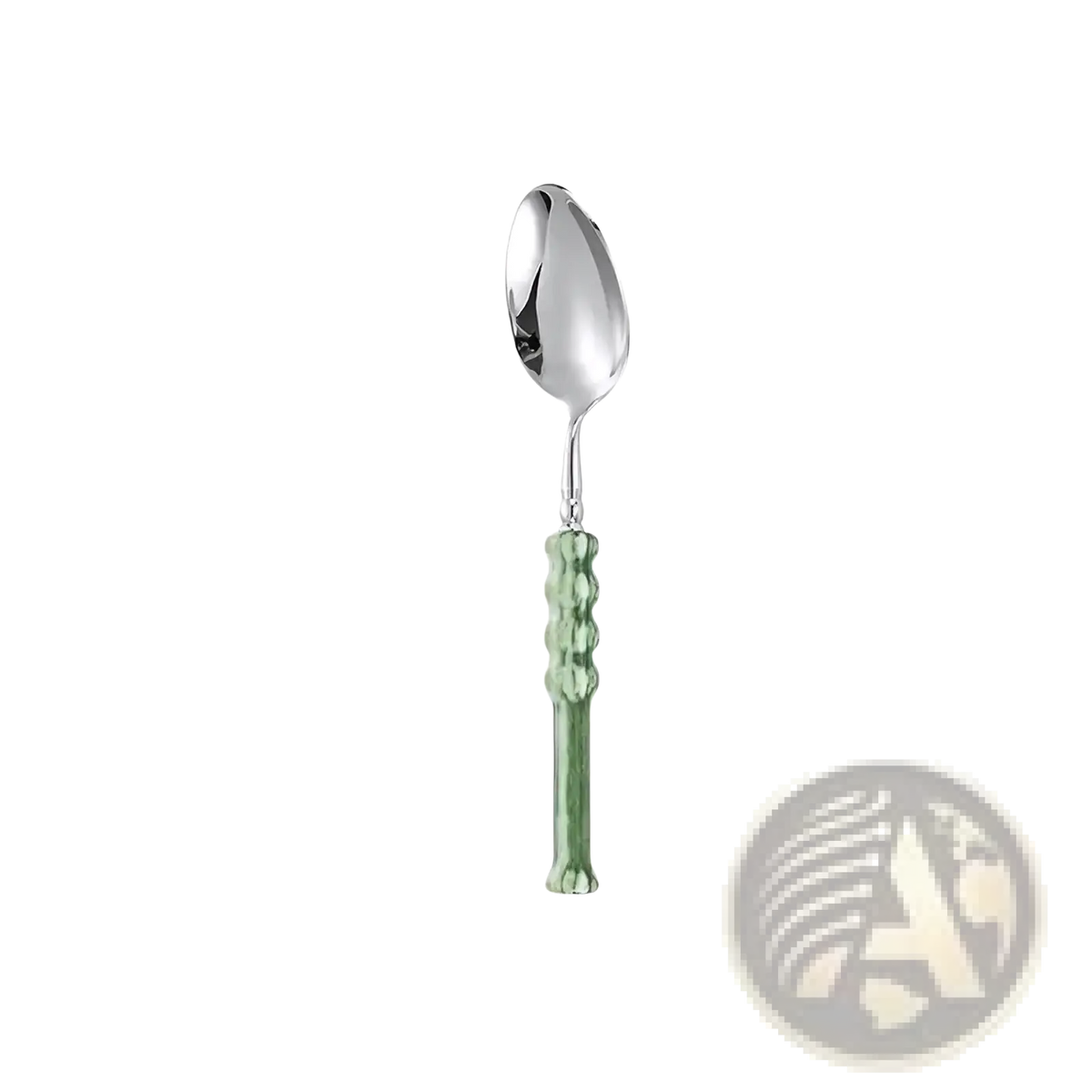 A sleek 20.4cm stainless steel spoon with a polished silver bowl and green glass handle in cutlery set