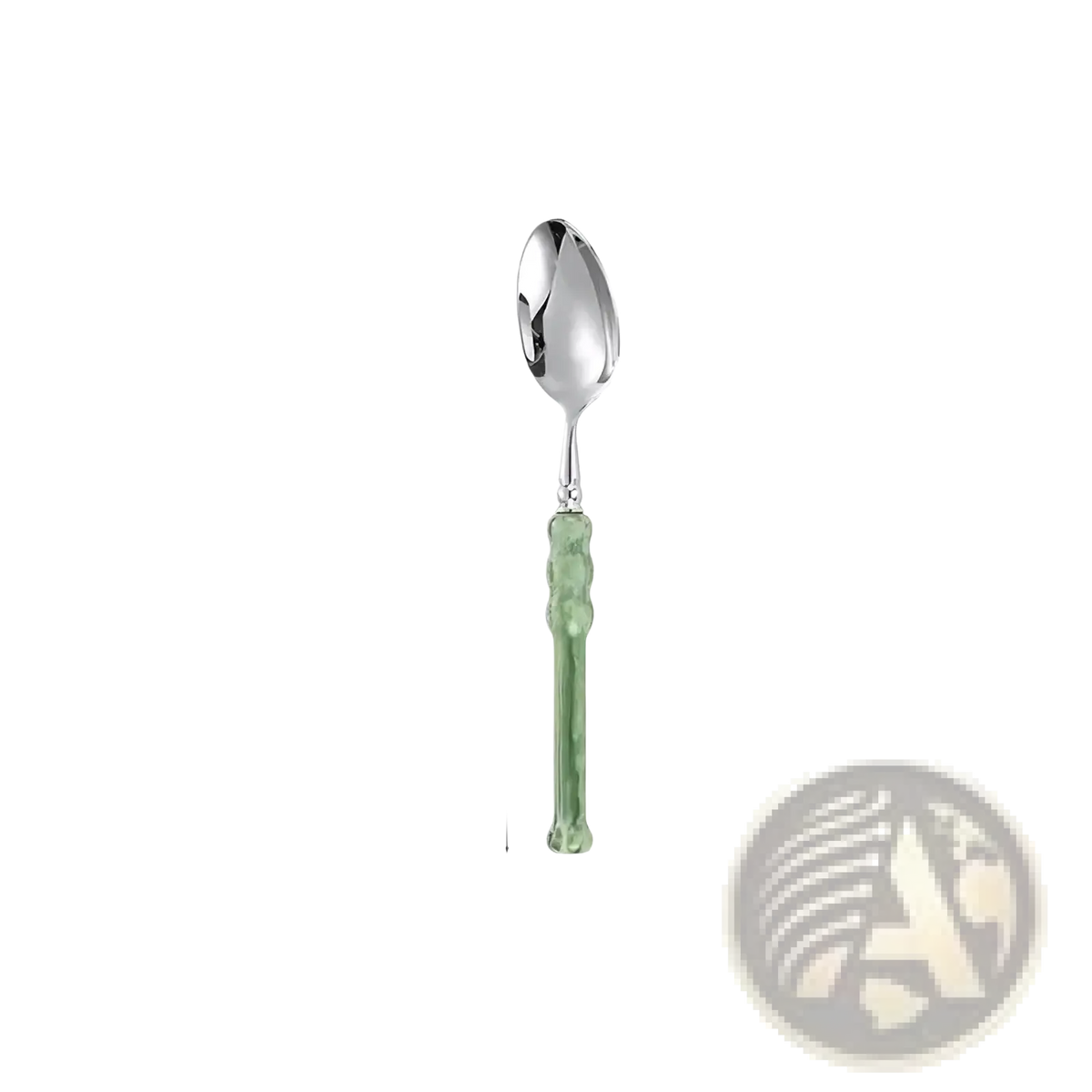 A sleek stainless steel spoon with a silver bowl and jade green textured glass handle from the green glass handle cutlery set