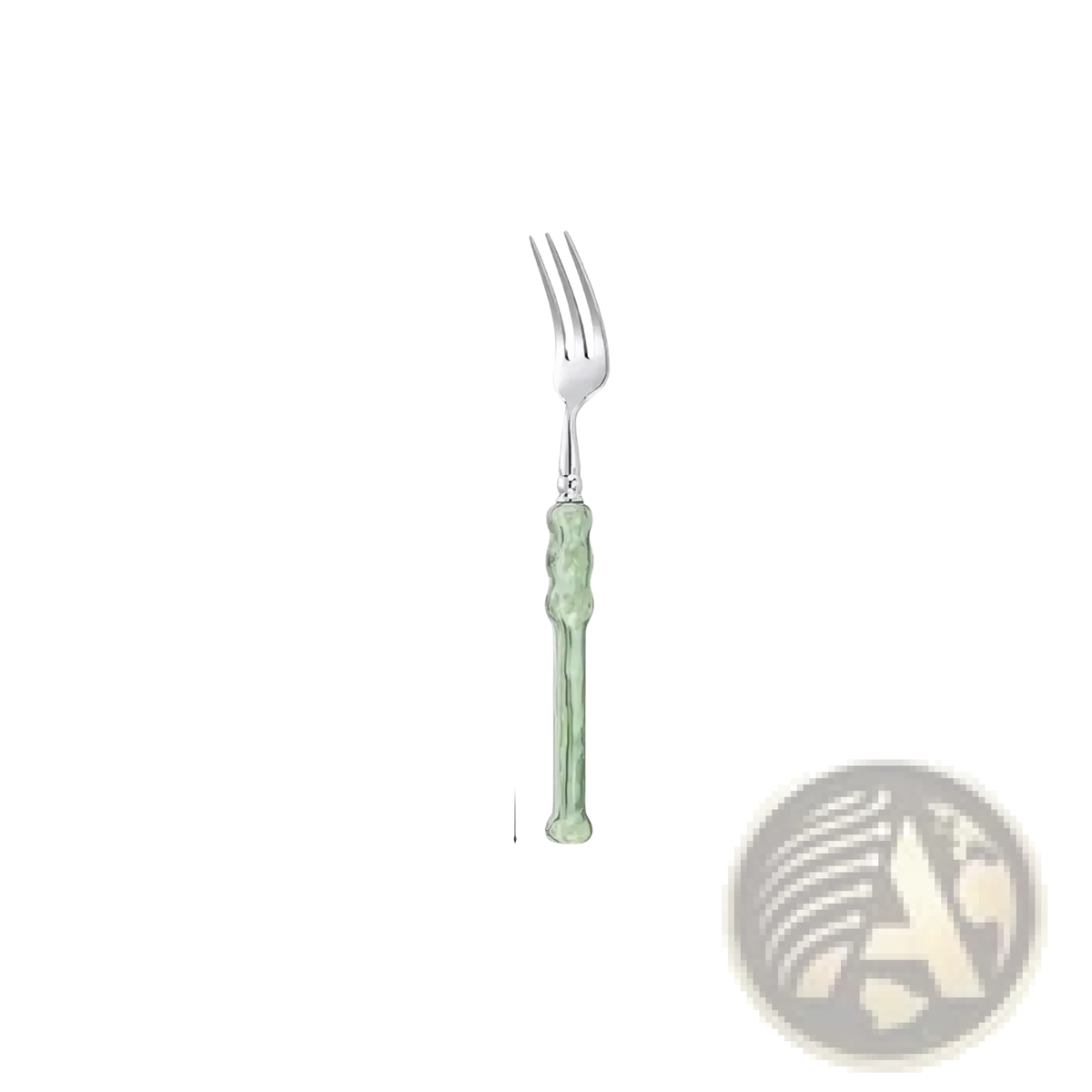 A slender stainless steel fork with a polished silver head and light green jade-like glass handle in cutlery set