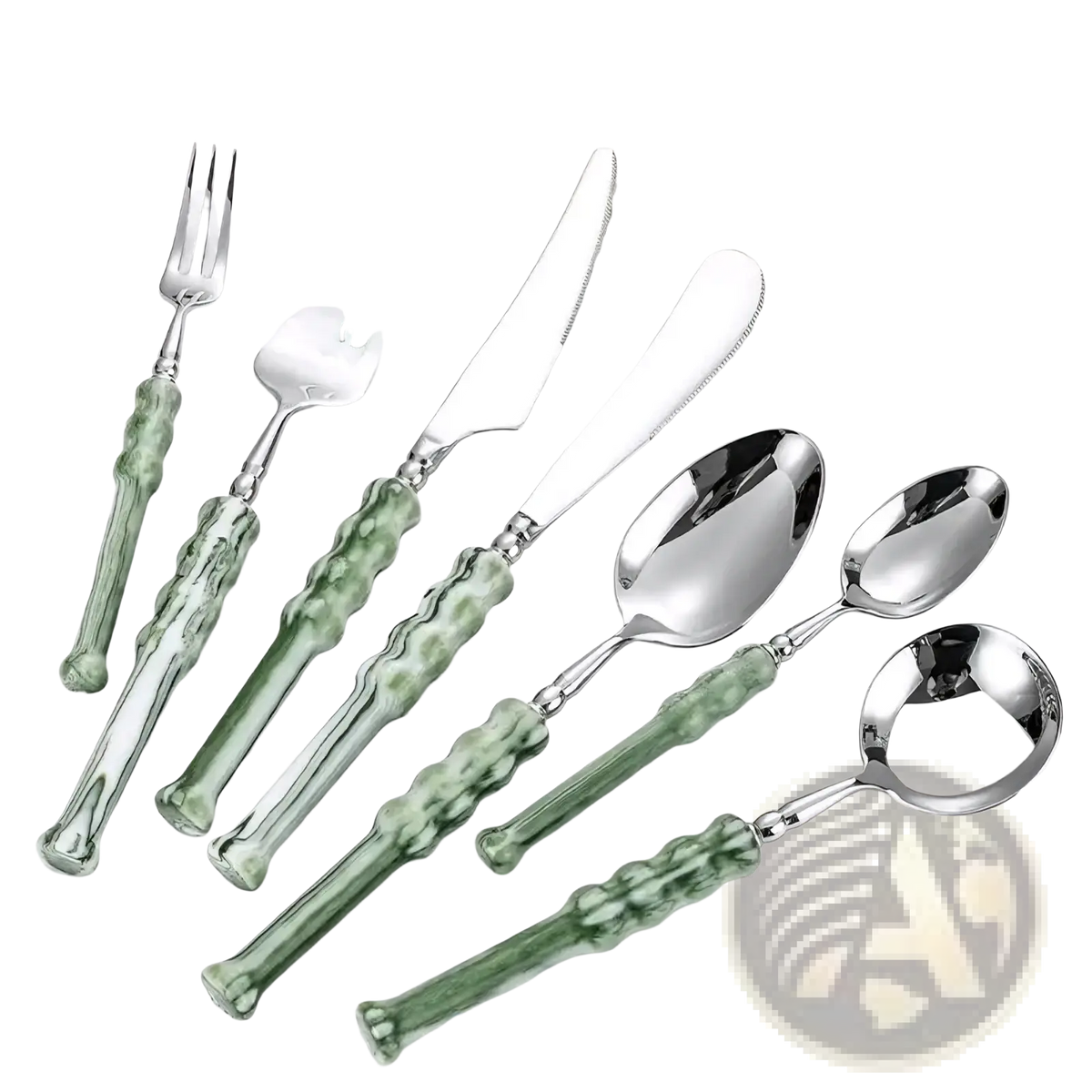 Set of elegant green glass handle stainless steel cutlery with polished blades and bowls for dining use