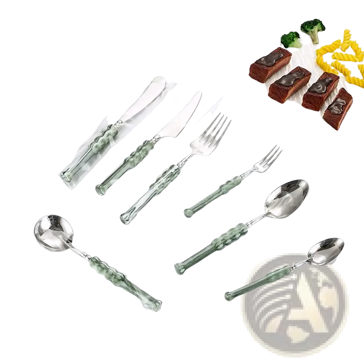Set of elegant stainless steel cutlery with polished blades and translucent green glass handles