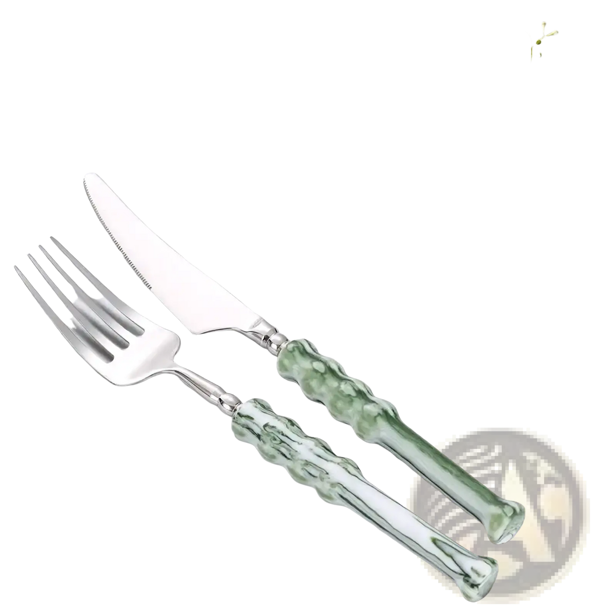 A pair of elegant cutlery with translucent green glass handles featuring a textured wavy design and polished silver blades