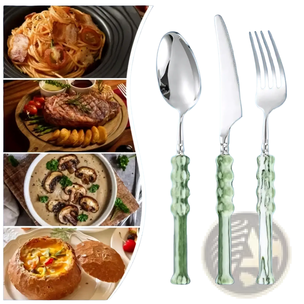 Set of three elegant cutlery pieces with translucent green glass handles and polished stainless steel blades