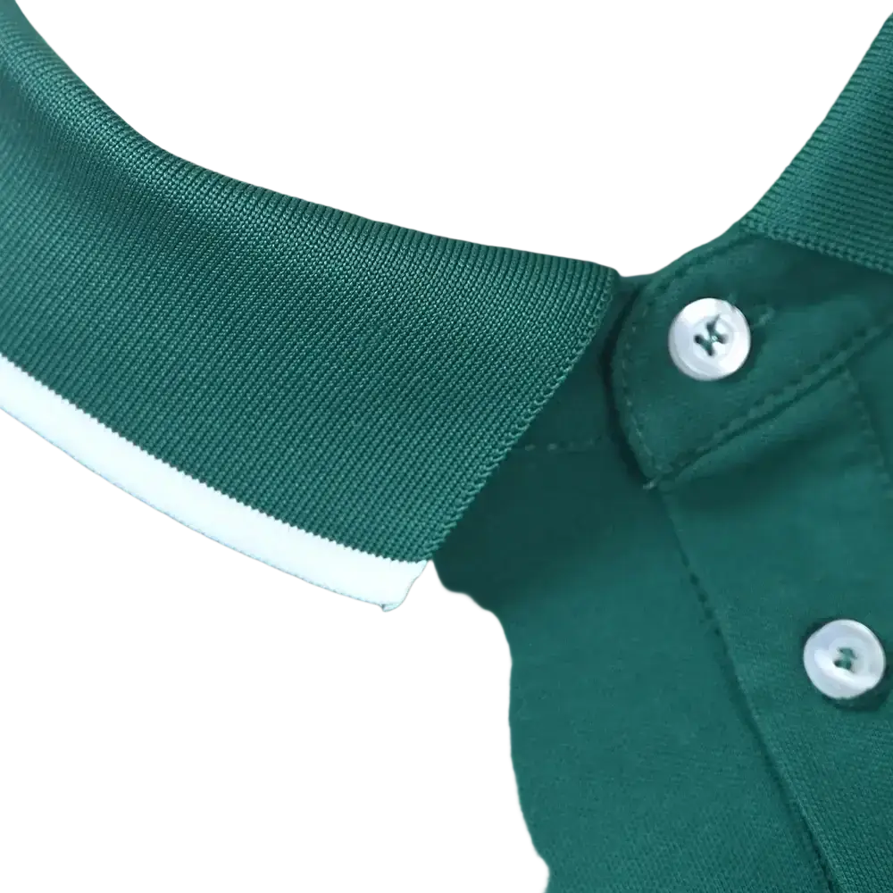 Dark green golf bear embroidered polo shirt with ribbed collar and white trim for casual and sportswear use