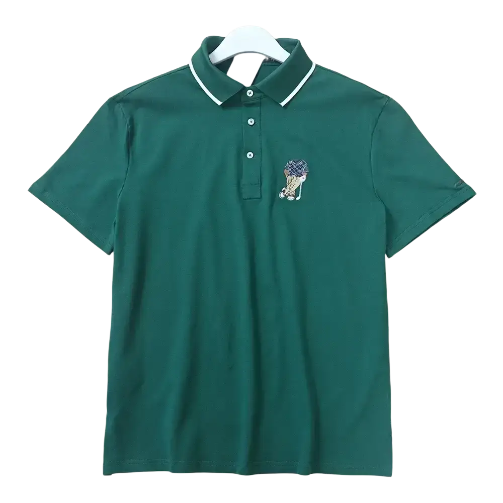 Dark green short-sleeved polo shirt with white collar and embroidered golf bear on left chest front for golf wear