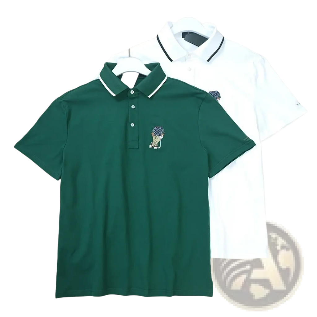 Dark green short-sleeved polo shirt with white trim and an embroidered golf bear cartoon on the chest