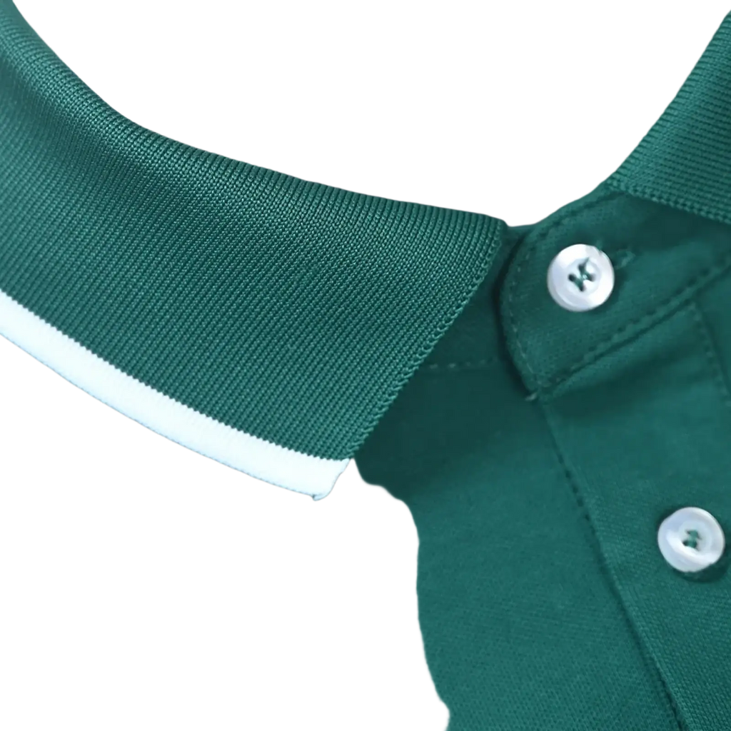 Deep green golf bear embroidered polo shirt with ribbed collar white trim and silver buttons for casual wear