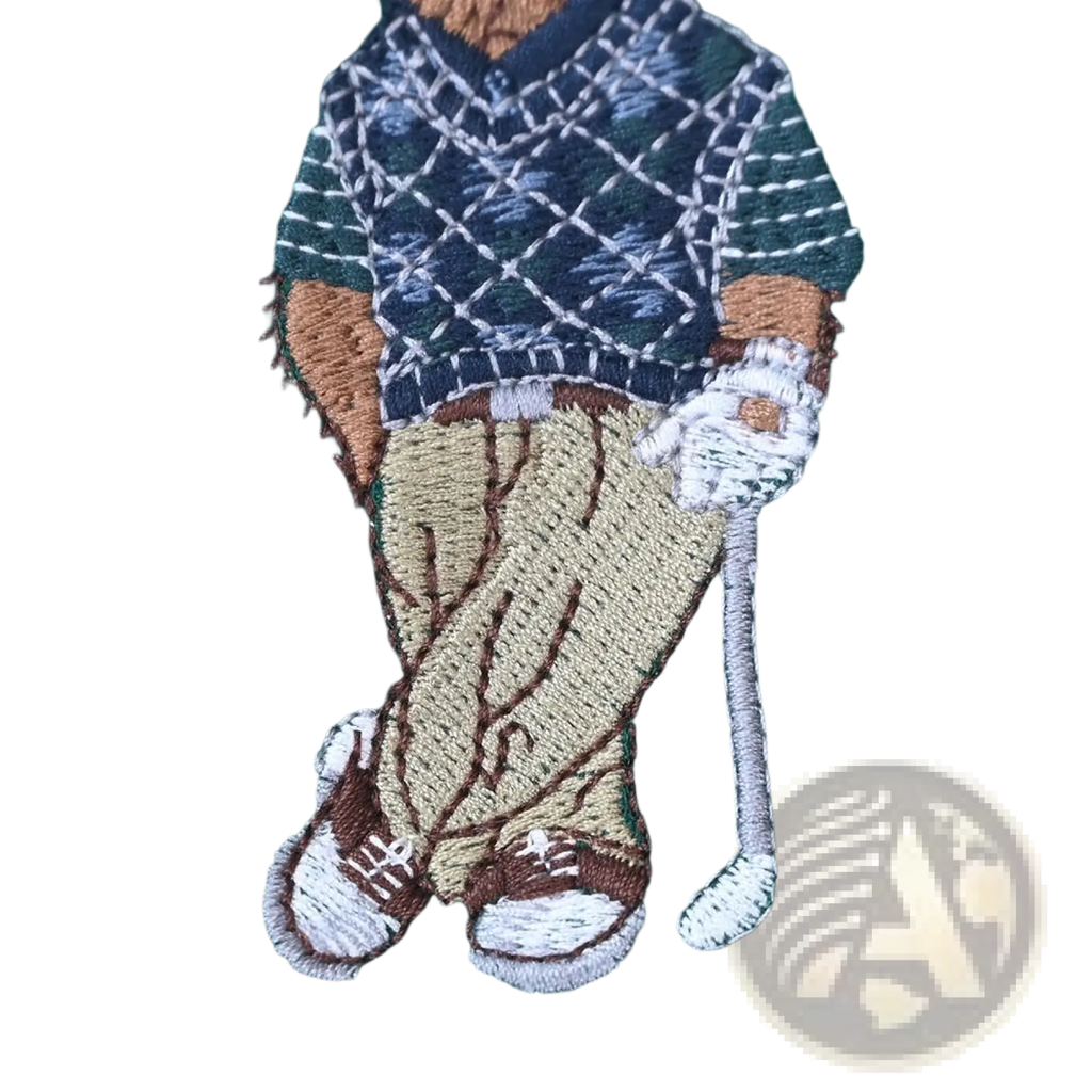 Green golf bear embroidered polo shirt featuring a green fabric with a bear in a navy argyle sweater patch