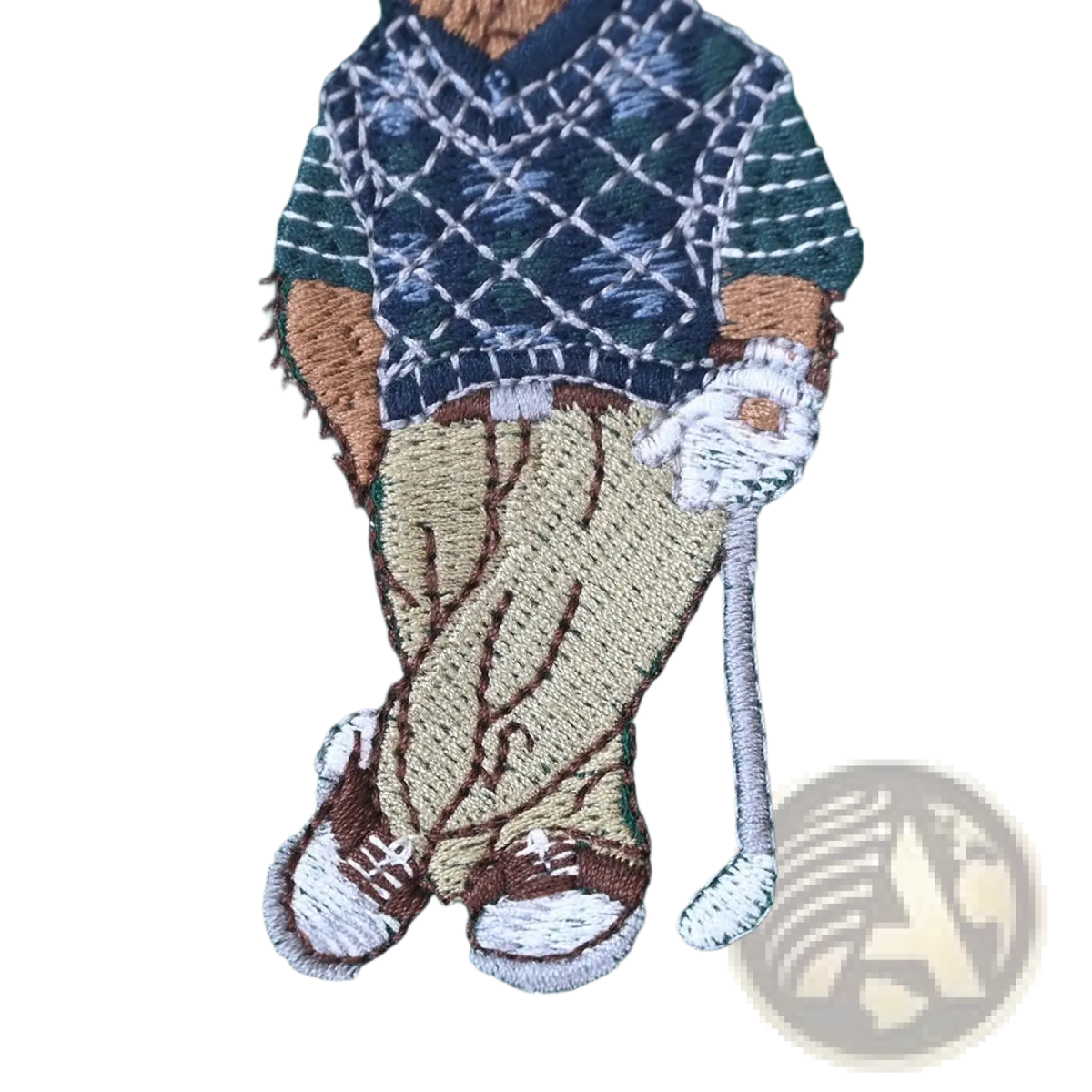 Green golf bear embroidered polo shirt featuring a green fabric with a bear in a navy argyle sweater patch