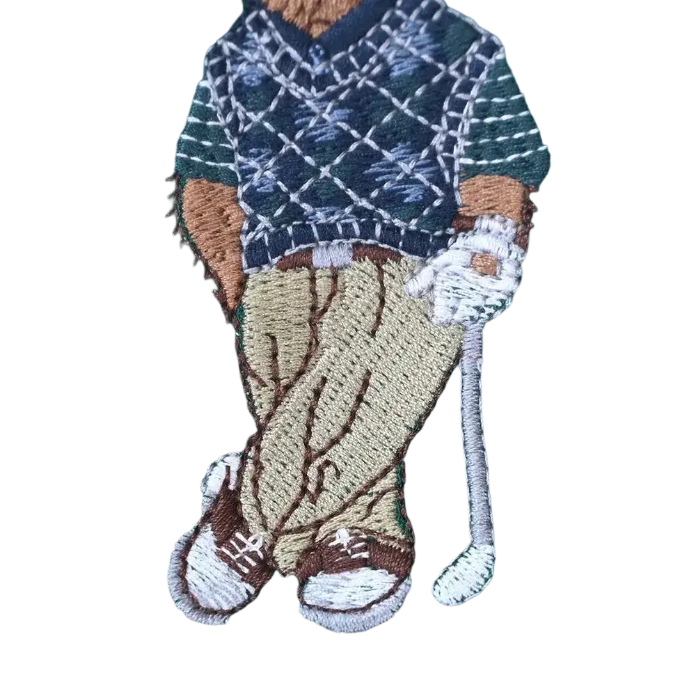 Embroidered polo shirt featuring a green golf bear patch in argyle sweater holding a golf club for golf enthusiasts