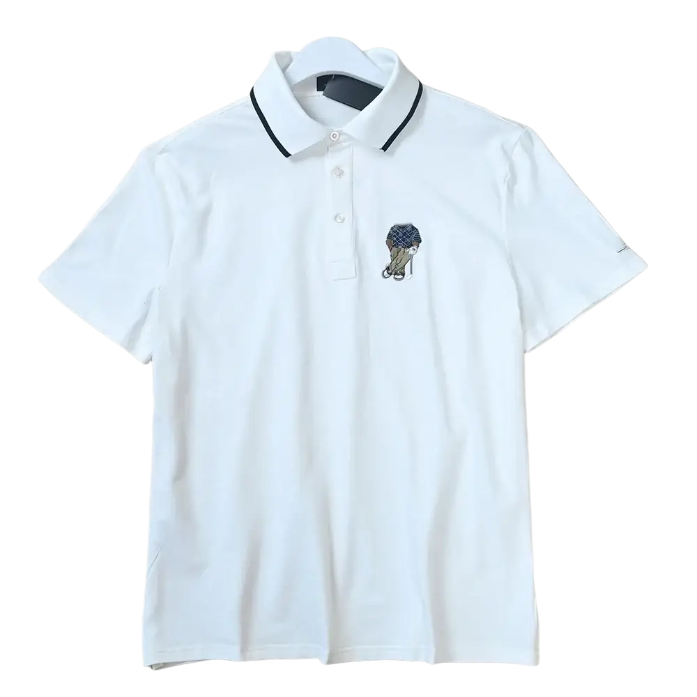 White short-sleeved polo shirt with black trim and small green golf bear embroidered on left chest for casual wear