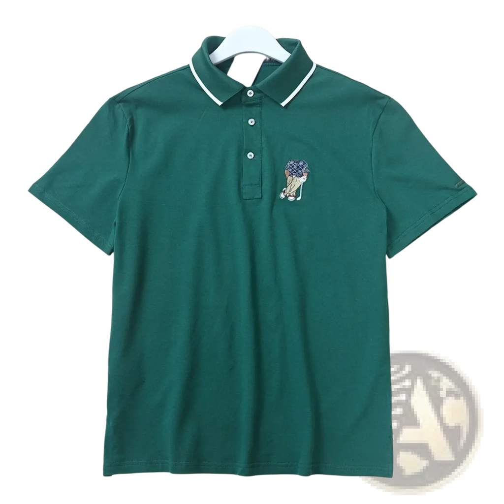 Deep green short-sleeved polo shirt with white trim collar and plaid embroidered golf bear patch on chest
