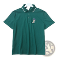 Deep green short-sleeved polo shirt with white trim collar and plaid embroidered golf bear patch on chest