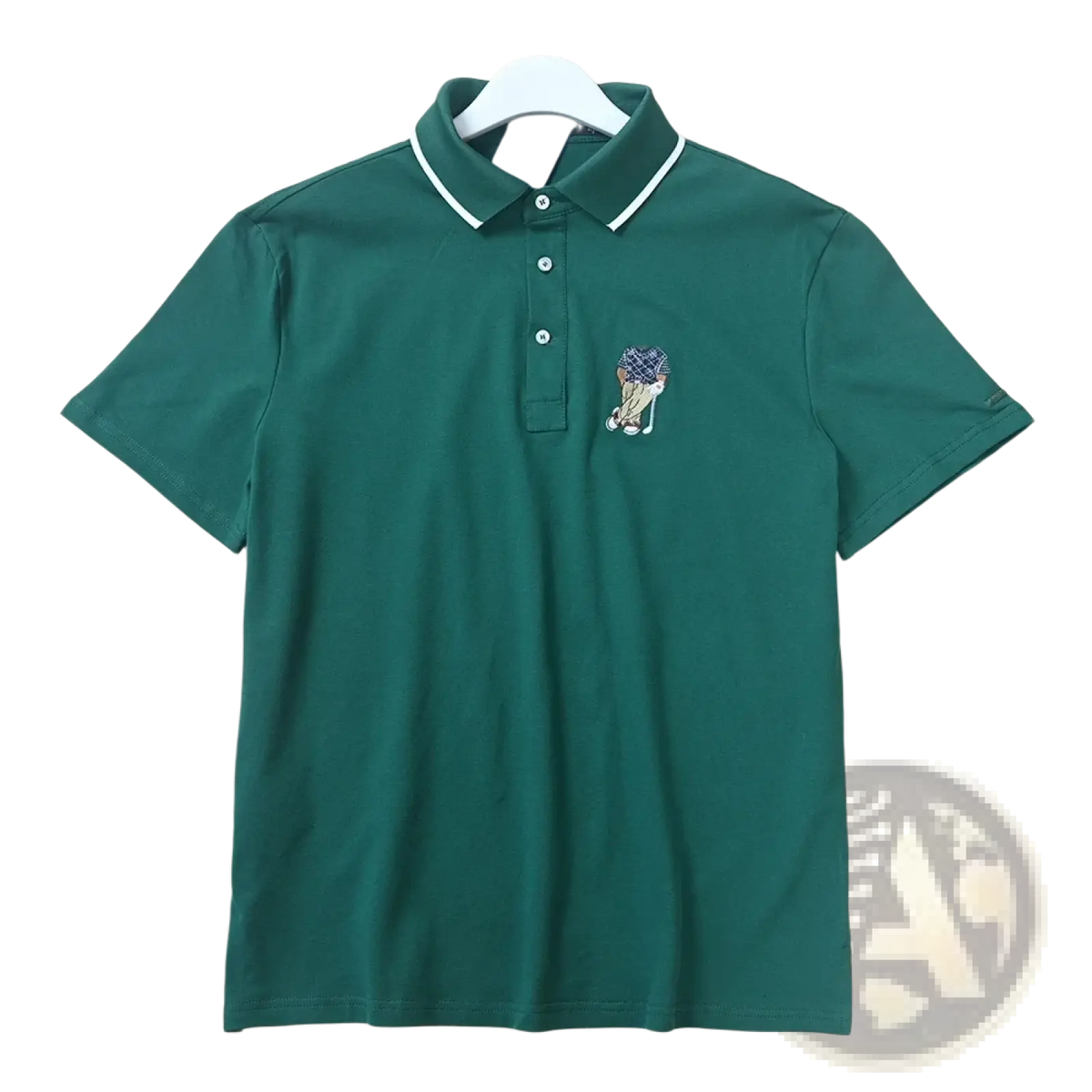 Deep green short-sleeved polo shirt with white trim collar and plaid embroidered golf bear patch on chest