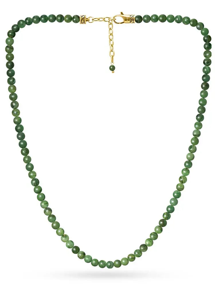 A delicate aaa african green jade beaded necklace with green beads and a gold stainless steel clasp and chain