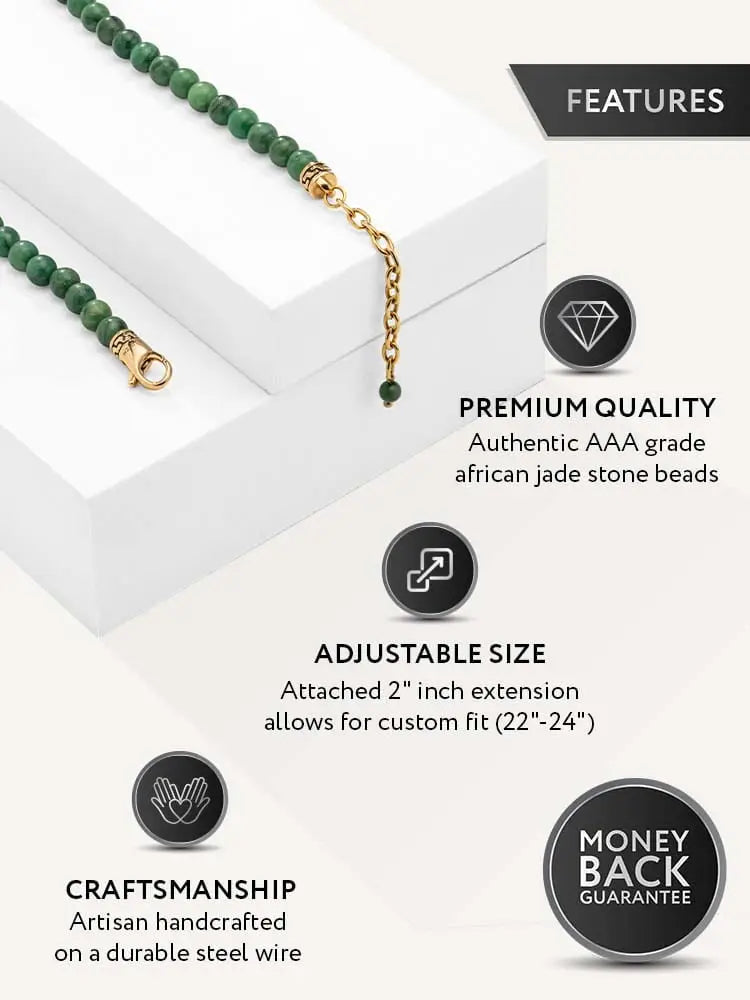 Aaa african green jade beaded necklace with smooth deep green beads on a gold stainless steel adjustable chain