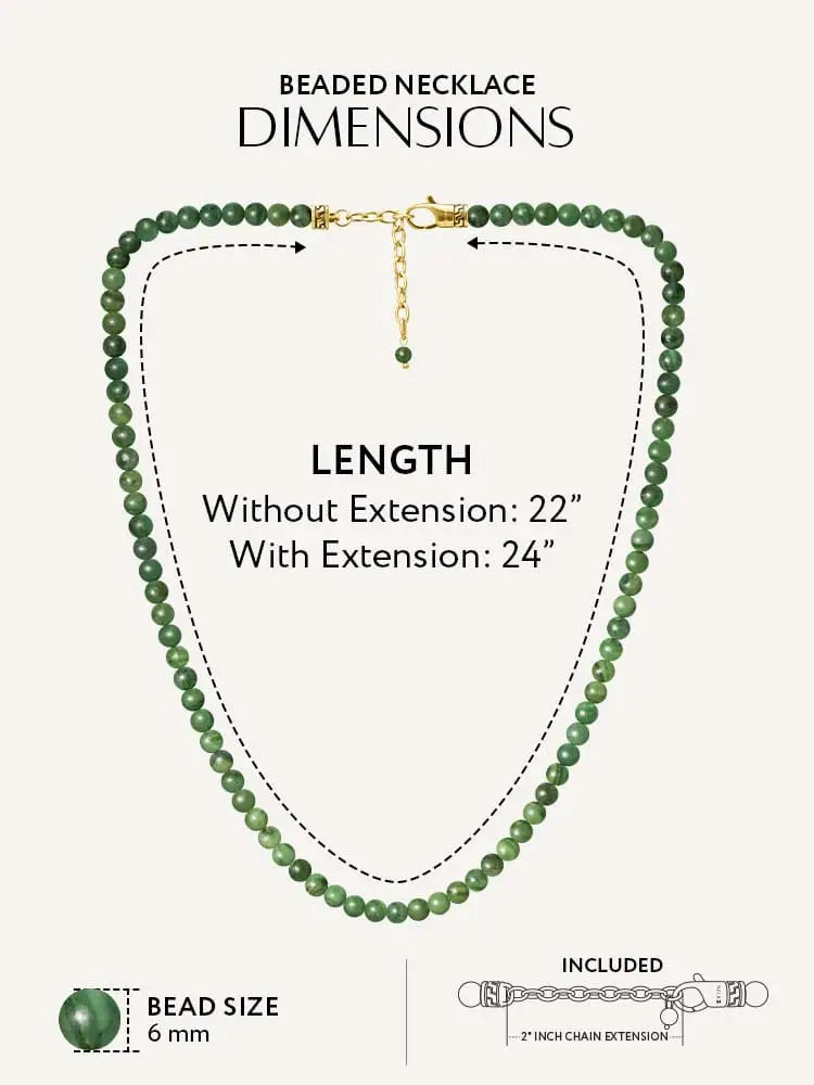 A delicate green beaded necklace made of African green jade with gold stainless steel clasp and chain extension