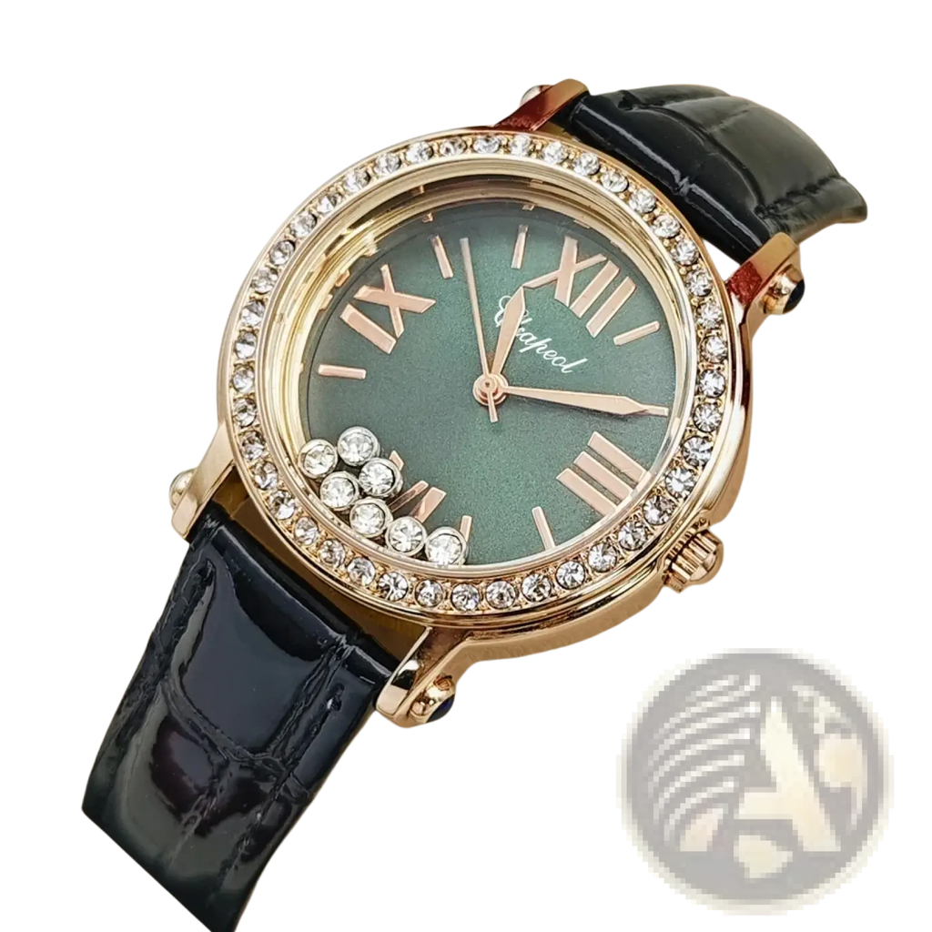 An elegant green leather crystal women watch with a gold-tone case, roman numerals, and black alligator strap