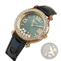 An elegant green leather crystal women watch with a gold-tone case, roman numerals, and black alligator strap