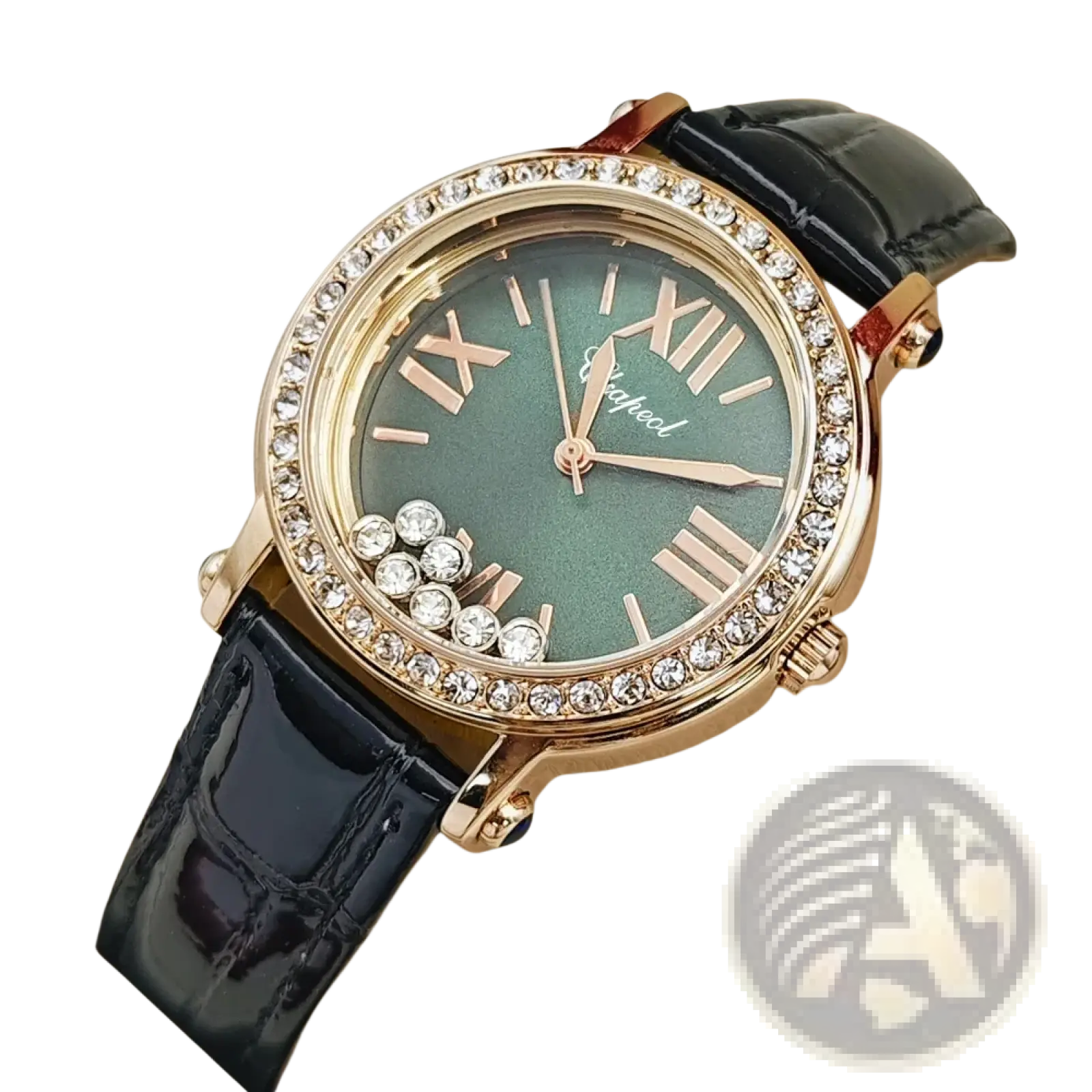 An elegant green leather crystal women watch with a gold-tone case, roman numerals, and black alligator strap