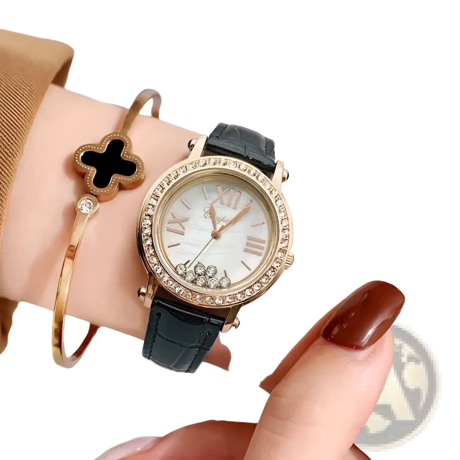 Green leather crystal women watch with delicate gold-tone case mother-of-pearl dial and dark green crocodile strap