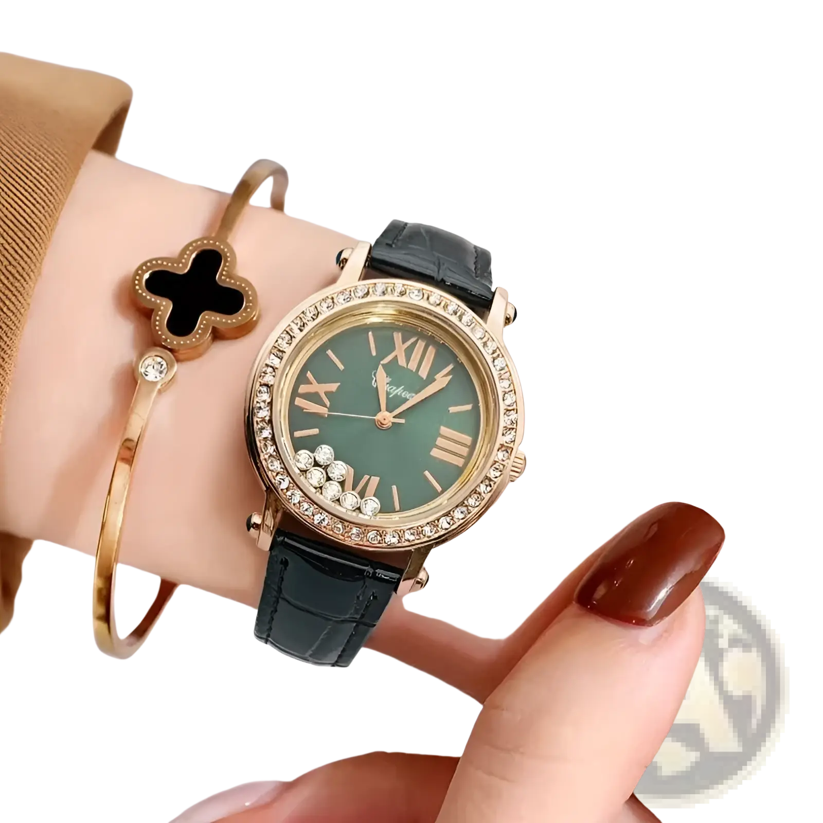 Green leather crystal women watch with green dial gold-tone case crystal bezel roman numerals black leather strap