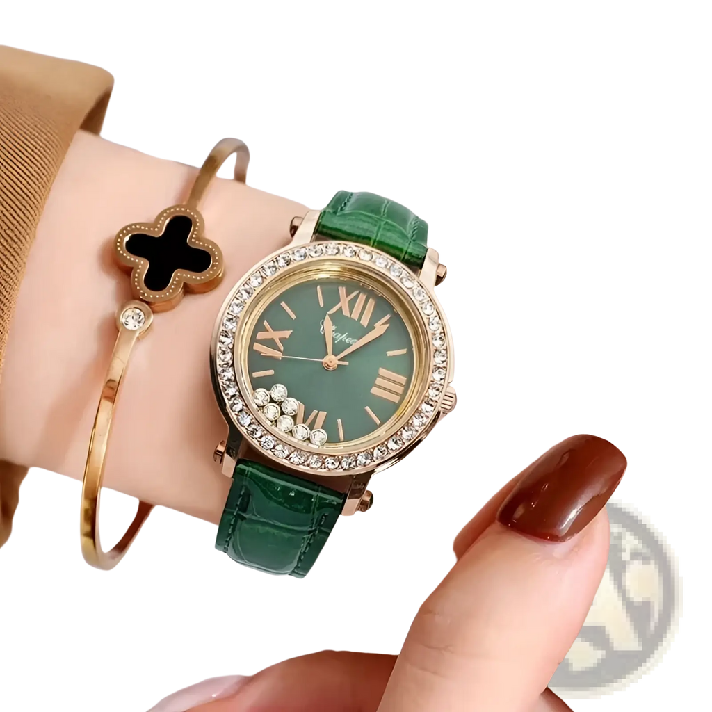 Green leather crystal women watch with emerald green crocodile leather strap and diamond-encrusted bezel roman dial