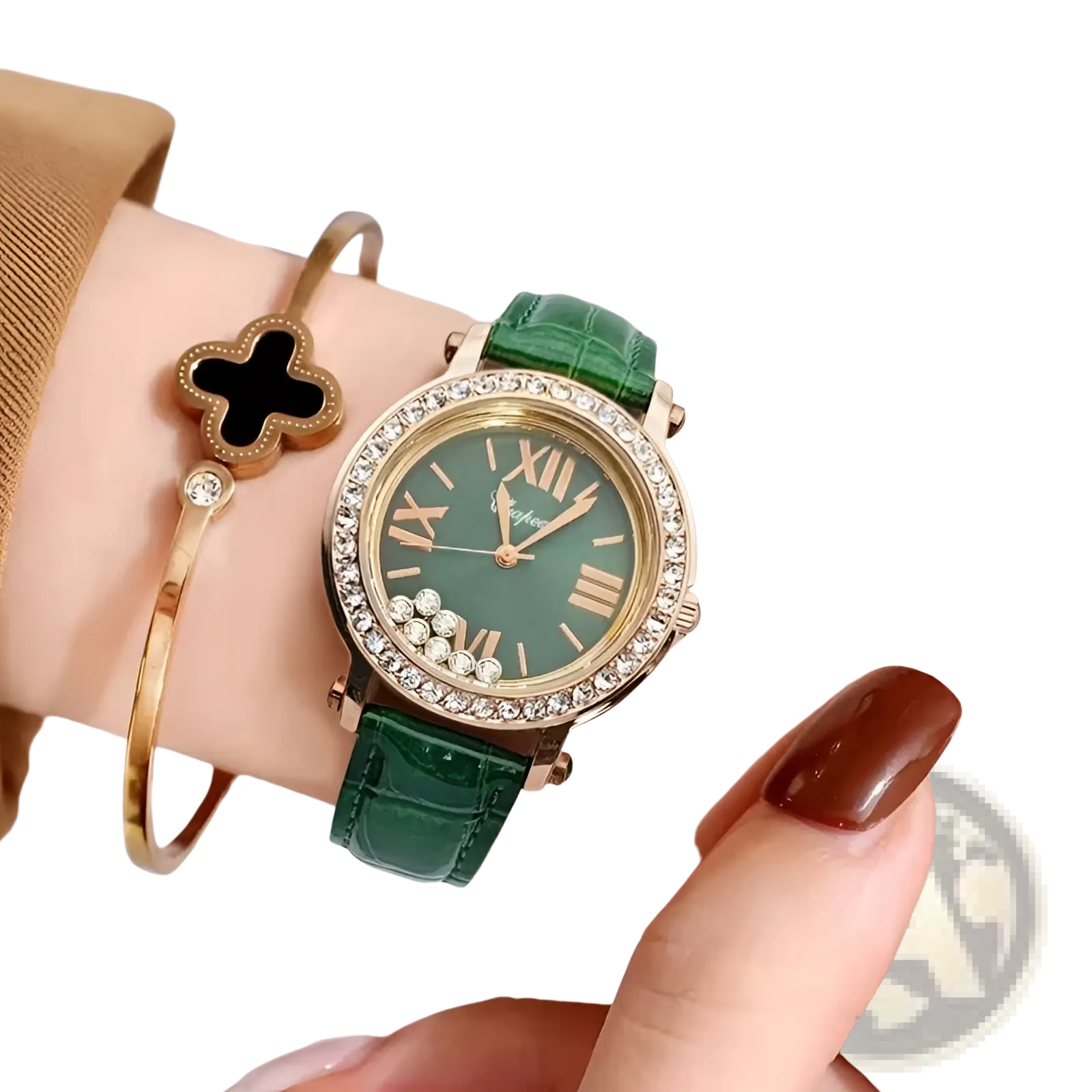 Green leather crystal women watch with emerald green crocodile leather strap and diamond-encrusted bezel roman dial