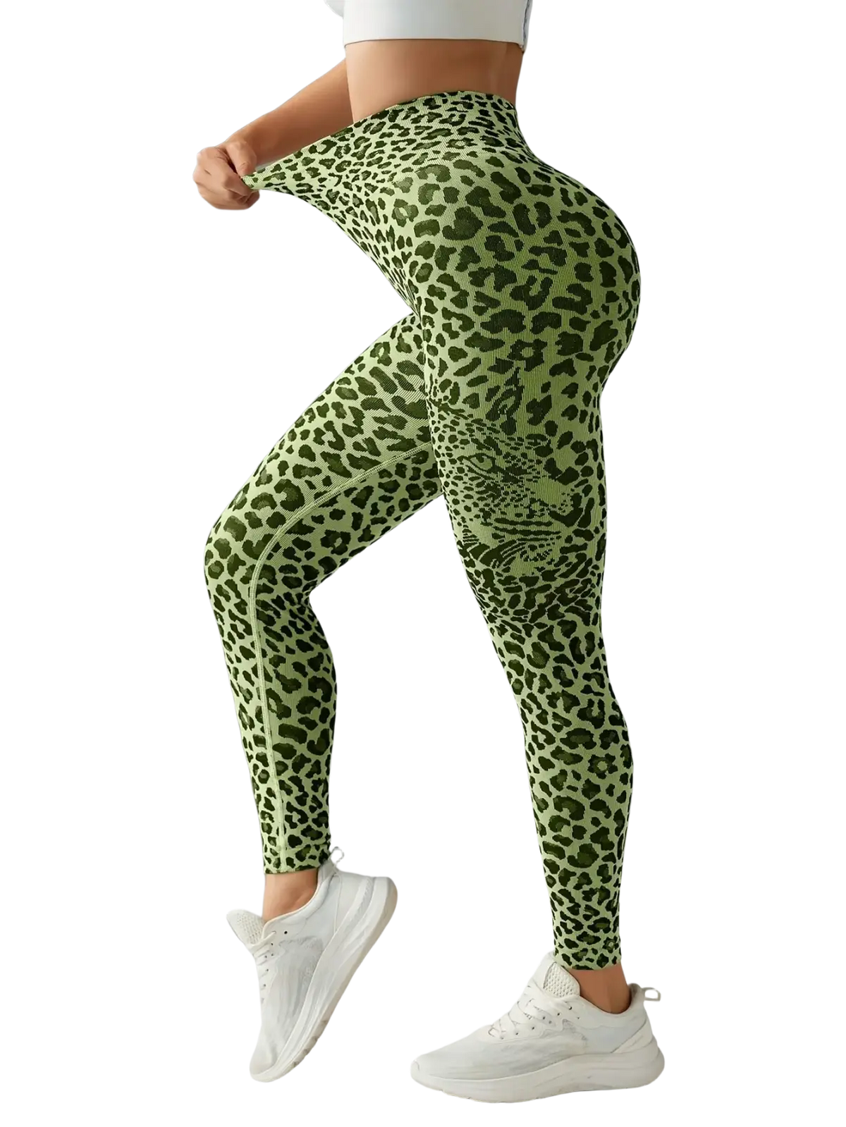 Green leopard fleece lined yoga leggings with a fitted high waisted design and soft fleece lining