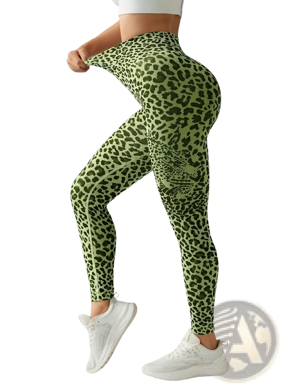 Green leopard fleece lined yoga leggings with a fitted high waisted design and soft fleece lining