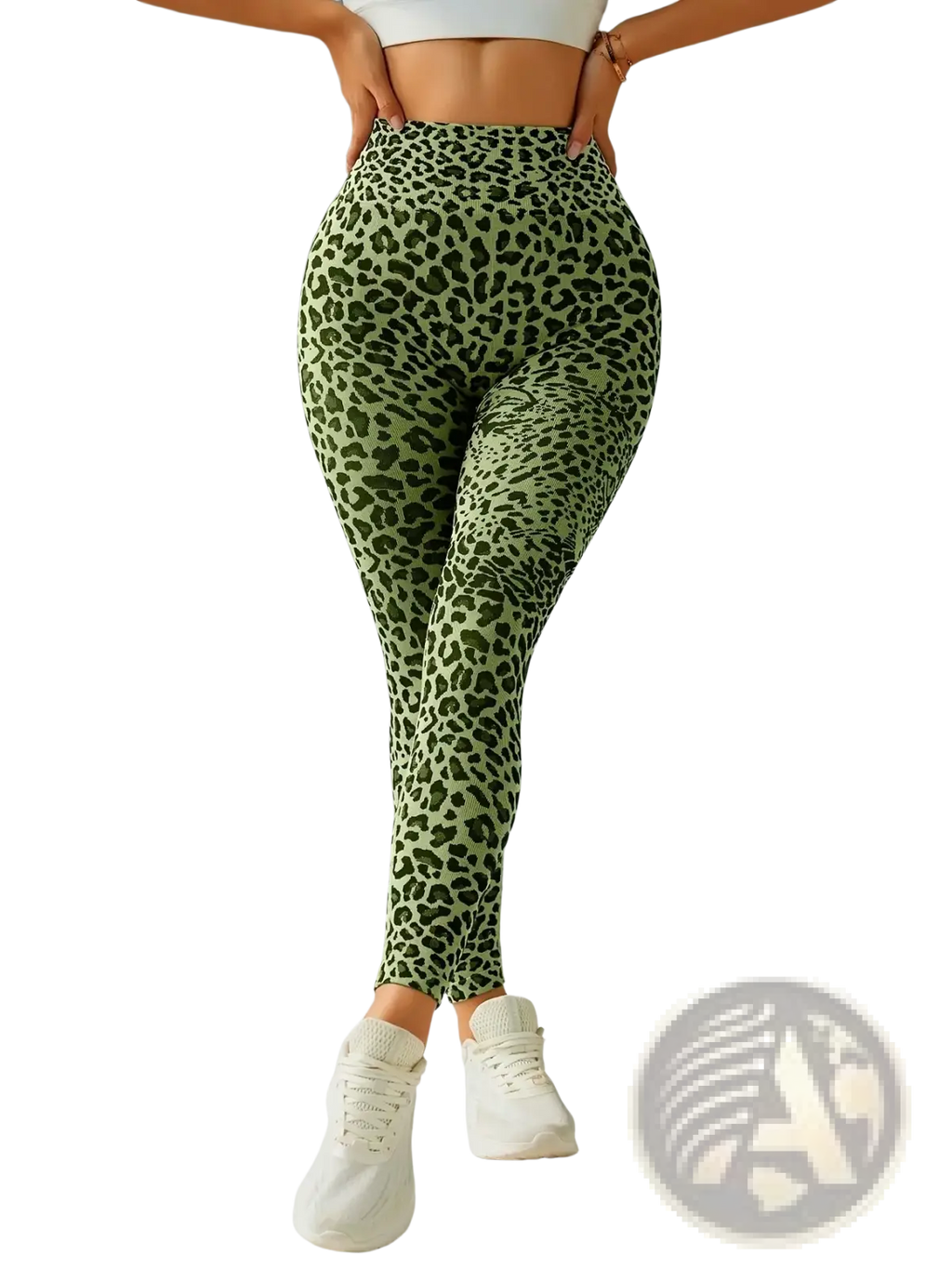 Green leopard fleece lined yoga leggings in high-waisted design showcasing the front side