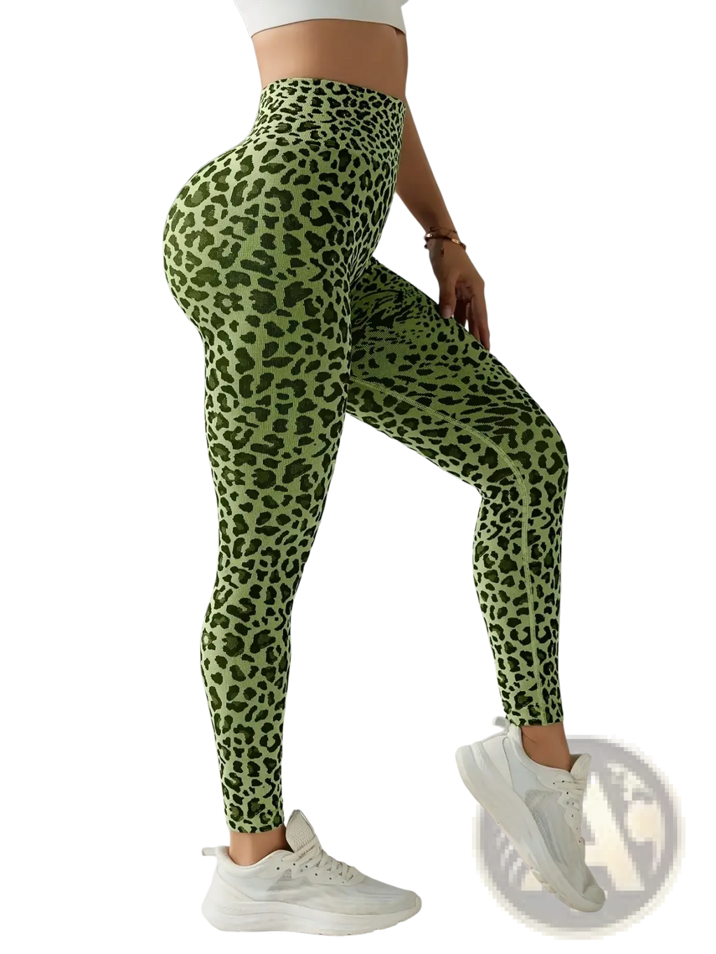 Green leopard fleece lined high waisted yoga leggings featuring a soft fleece interior for warmth and comfort