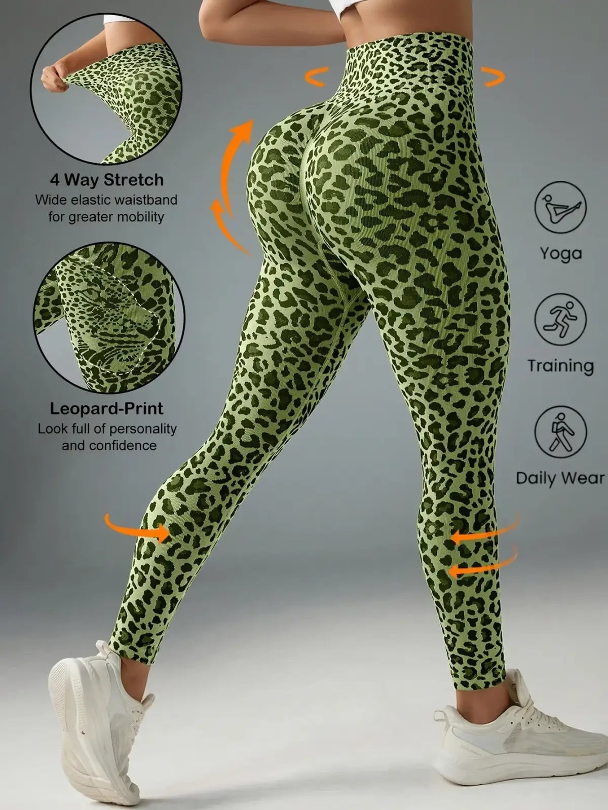 Green leopard fleece lined yoga leggings in green with a wide elastic waistband for comfortable wear
