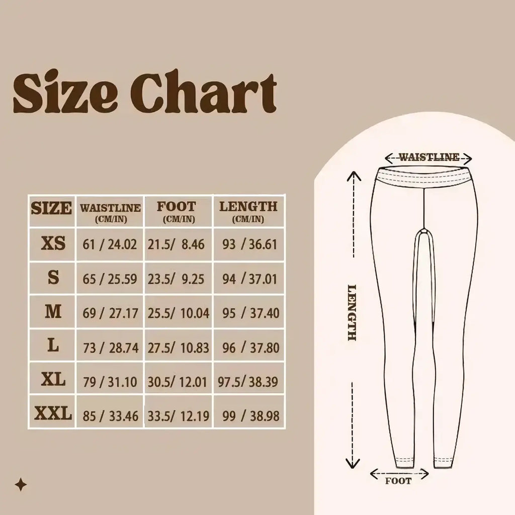 Size chart for beige form-fitting green leopard fleece lined yoga leggings with elastic waistband and seam detailing
