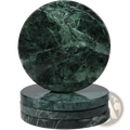 Set of four round green marble coasters with swirling dark and light veining for stone drink pads