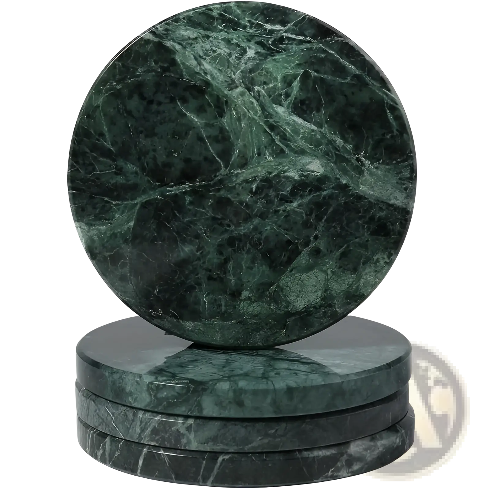 Set of four round green marble coasters with swirling dark and light veining for stone drink pads