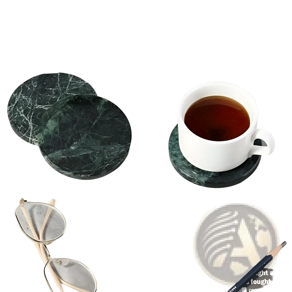Dark green marble coasters set of 4 round stone pads with swirling white veining for stylish table protection