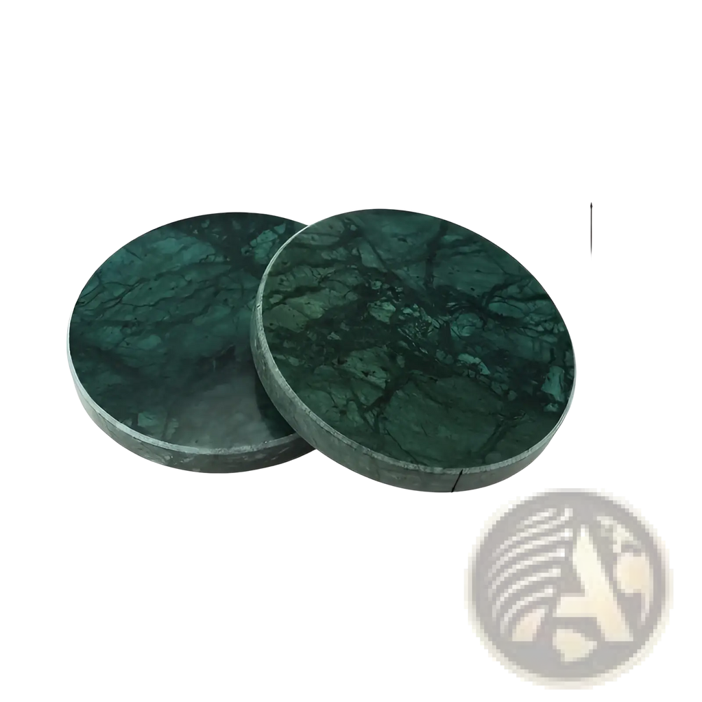 Green marble coasters set of 4 round stone pads with dark veined pattern smooth edges and circular shape
