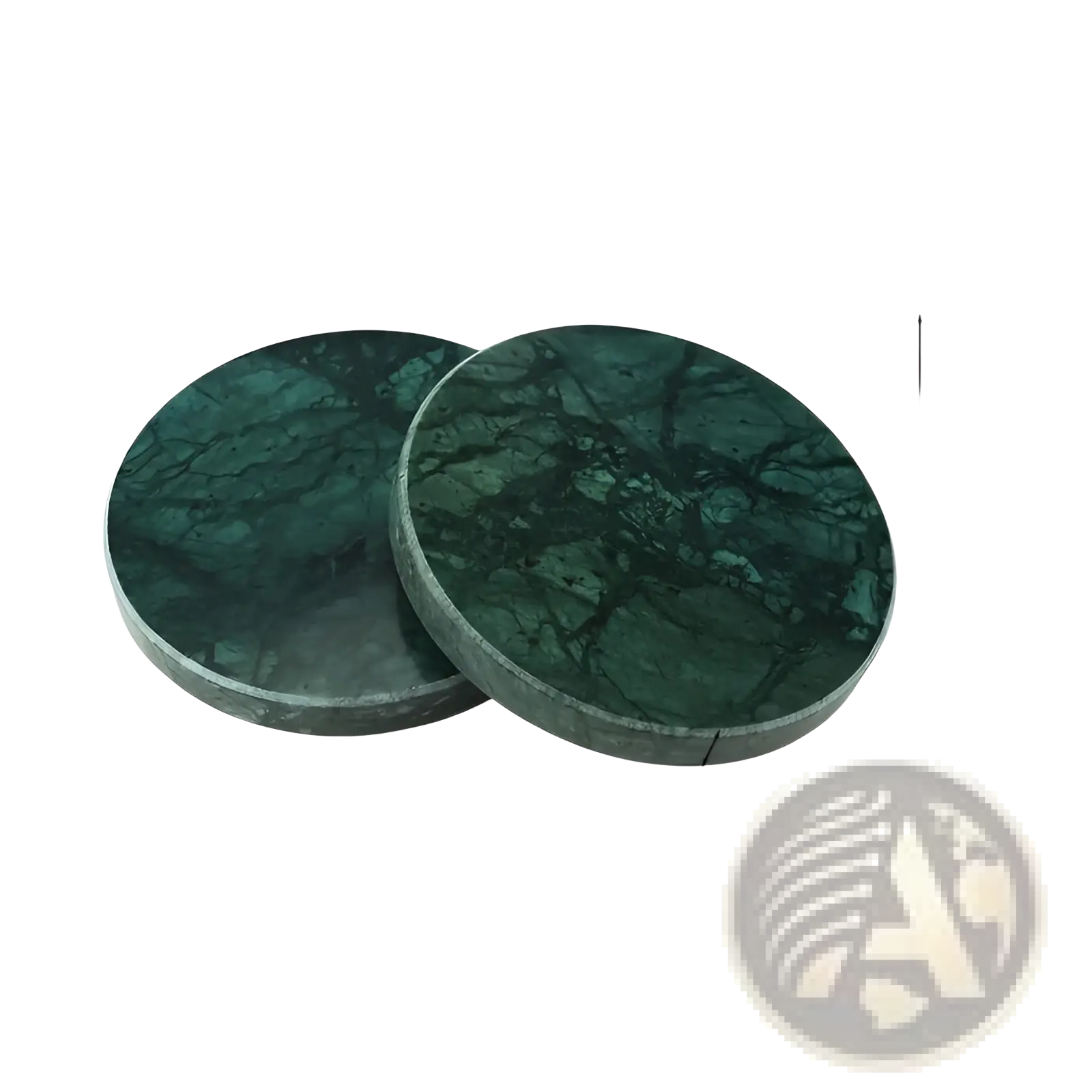 Green marble coasters set of 4 round stone pads with dark veined pattern smooth edges and circular shape