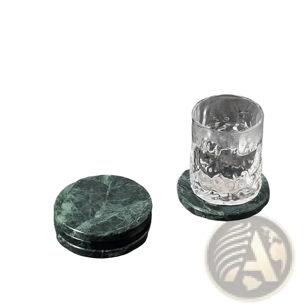 Set of three round dark green marble coasters with natural veined pattern made of stone for tabletop protection