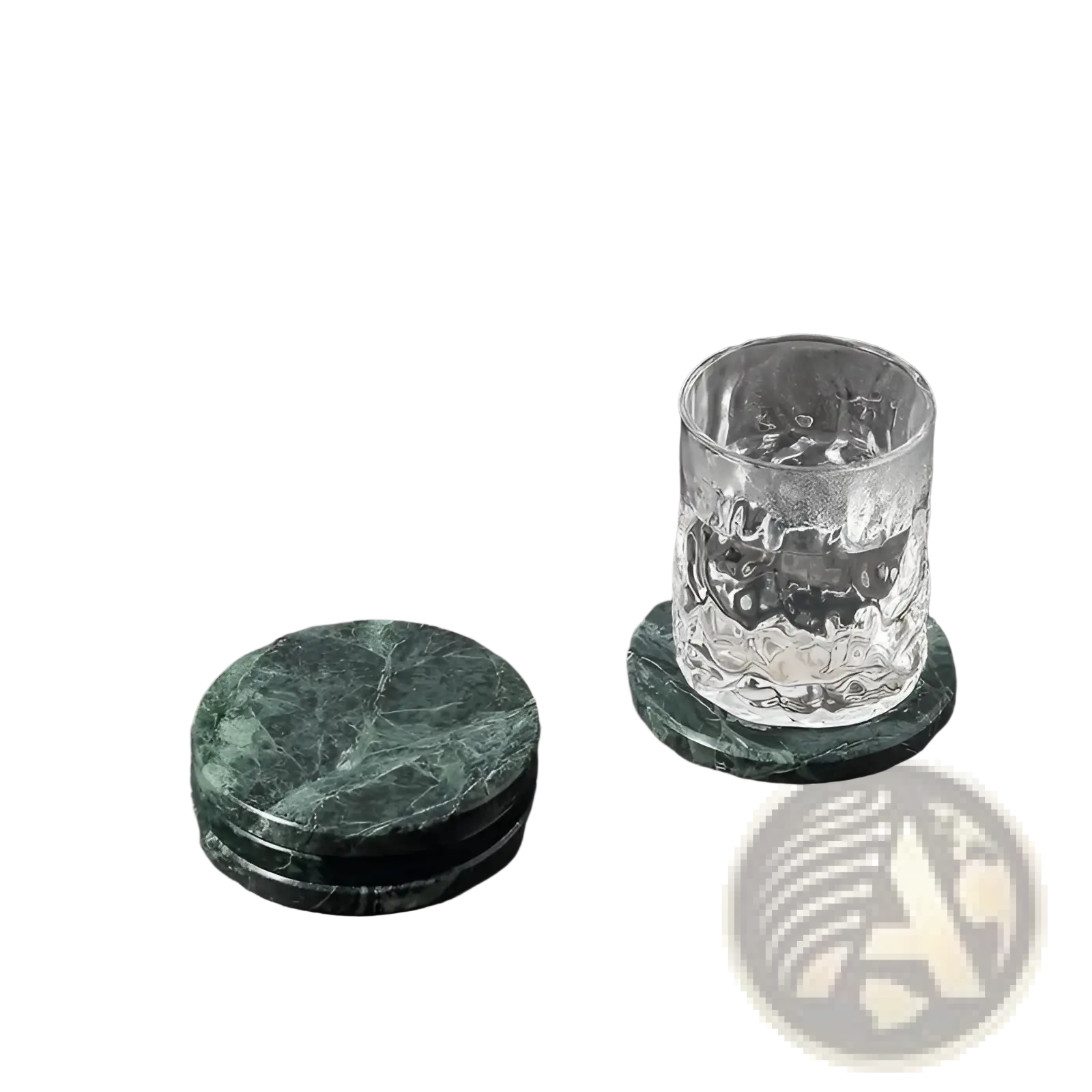 Set of three round dark green marble coasters with natural veined pattern made of stone for tabletop protection