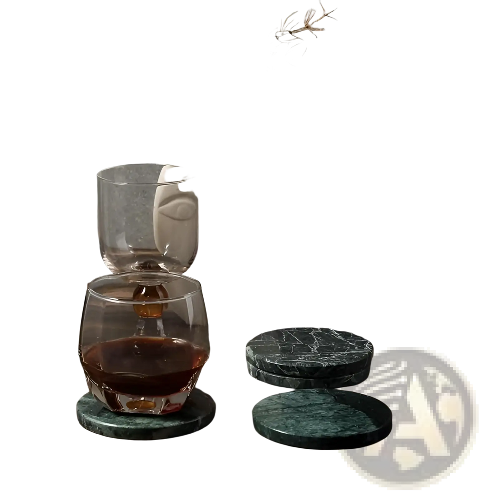 Set of four round green marble coasters with veined pattern made of stone for protecting surfaces