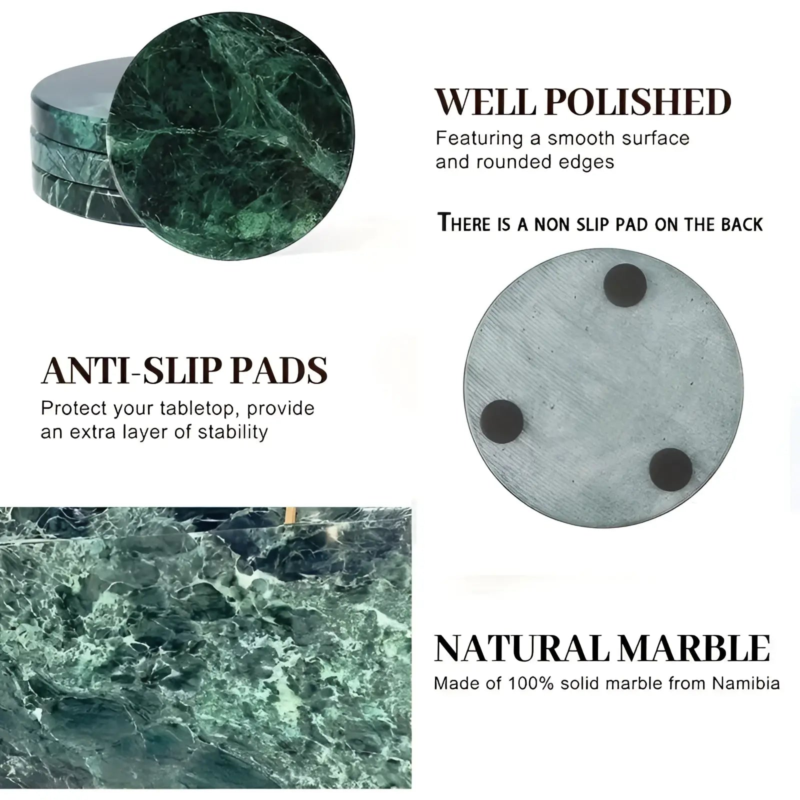 Green marble coasters set of 4 round stone pads with polished veined surface and non-slip black pads on the back