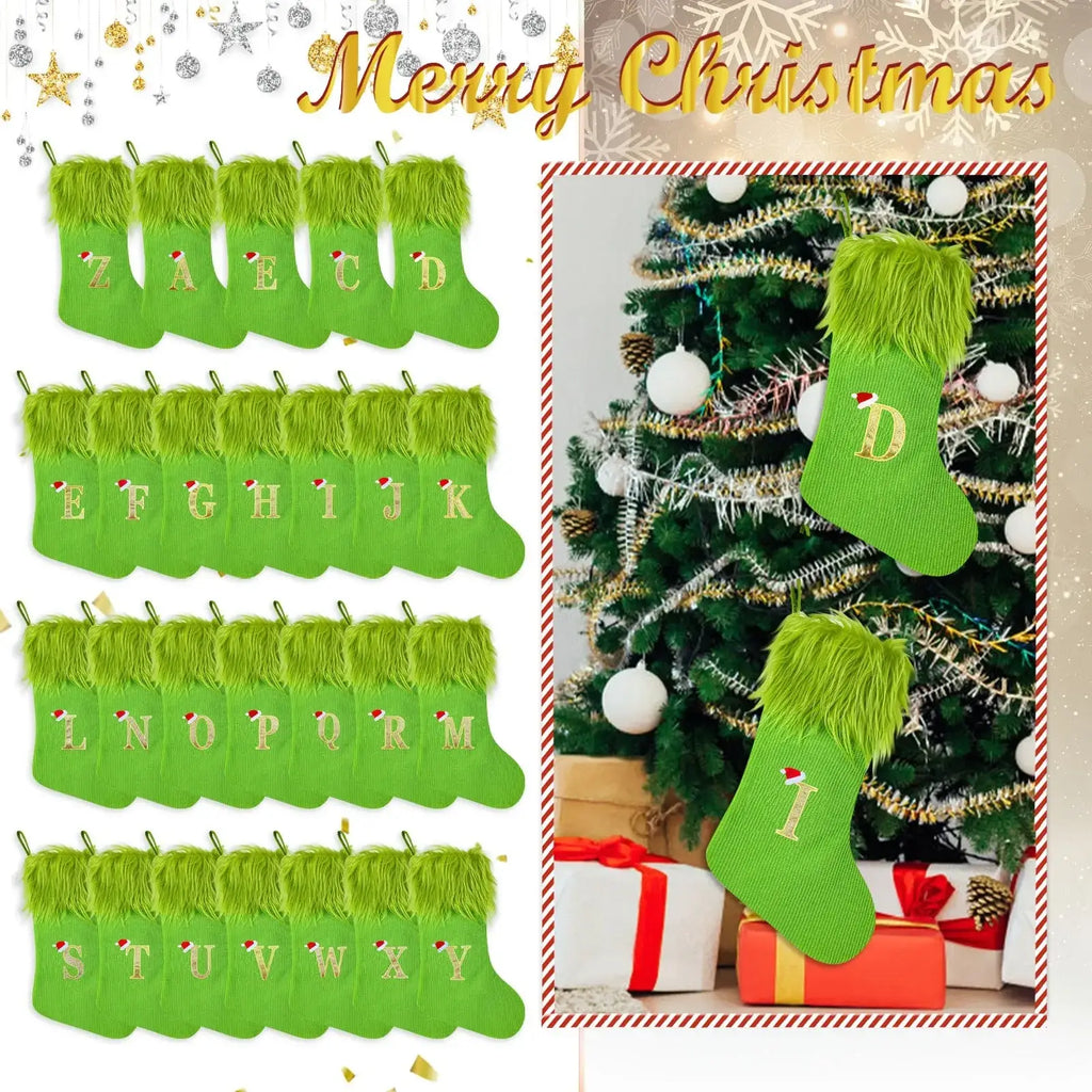 Green monogrammed christmas stocking with bright green fuzzy texture gold lettering and small santa hat details