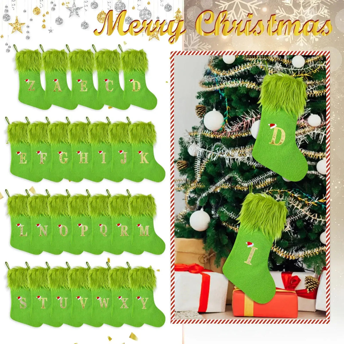 Green monogrammed christmas stocking with bright green fuzzy texture gold lettering and small santa hat details