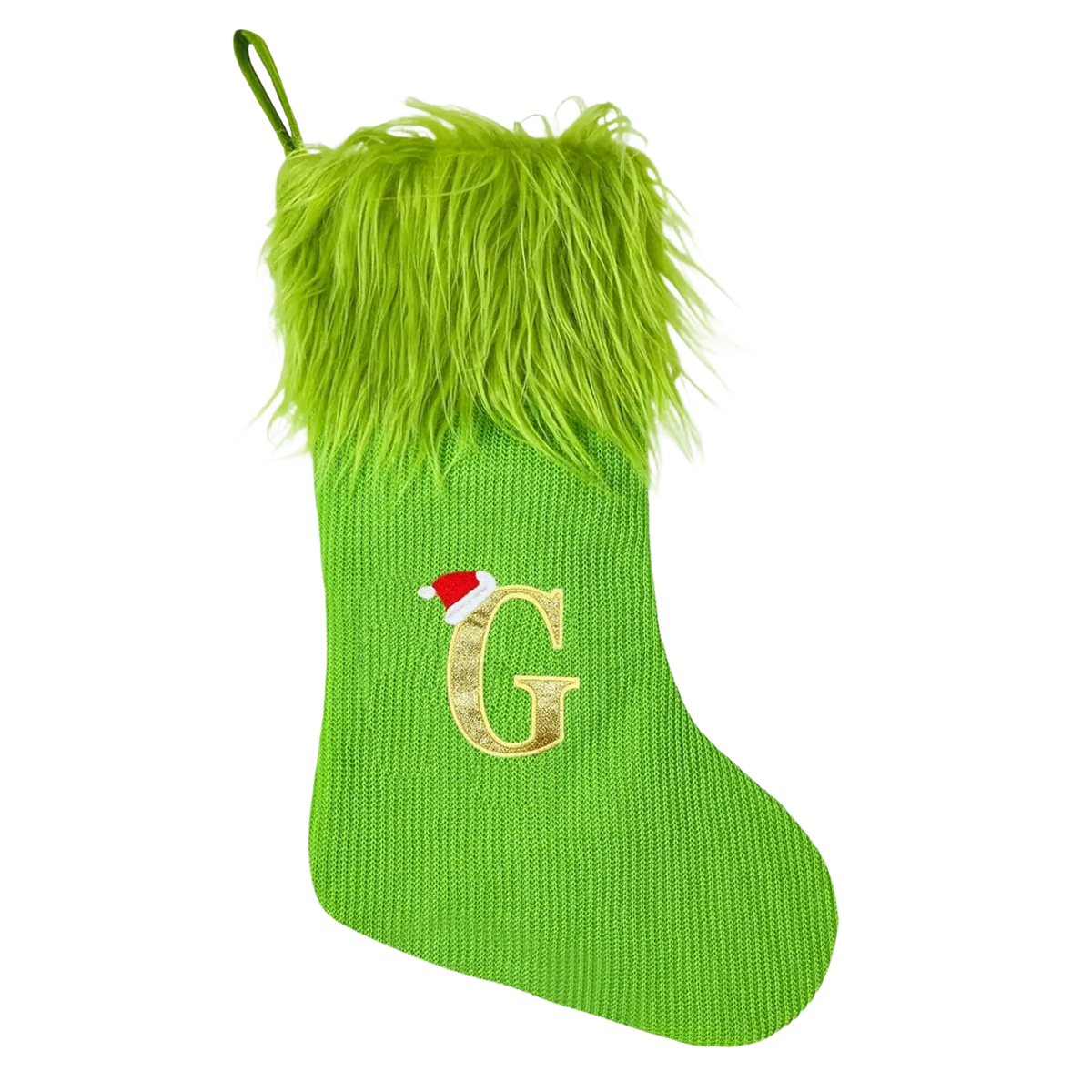 Bright green knitted christmas stocking with fluffy lime faux fur cuff and gold embroidered letter g topped with red santa hat