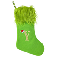 Green monogrammed knitted Christmas stocking with lime faux fur cuff gold glitter letter Y and red white Santa hat topper