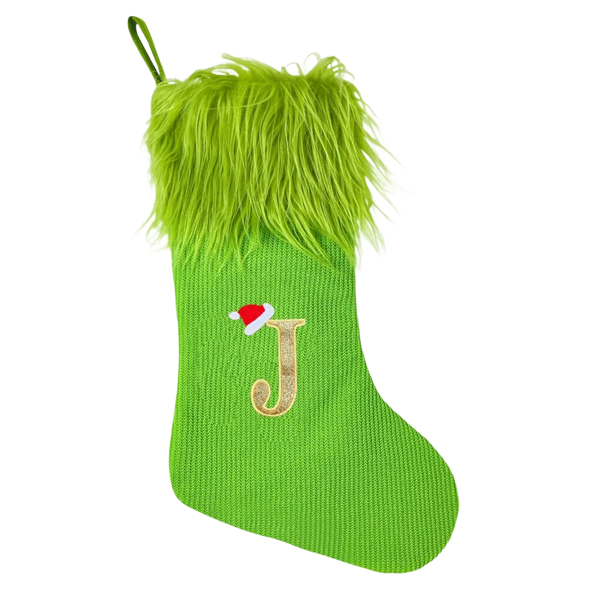 Green monogrammed knitted Christmas stocking with fuzzy lime faux fur cuff gold glitter letter j and red white Santa hat